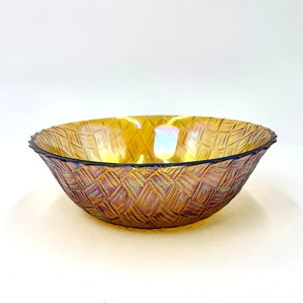 Indiana  Iridescent Glass Amber Marigold Carnival‎ Glass Basketweave Bowl 8.5in